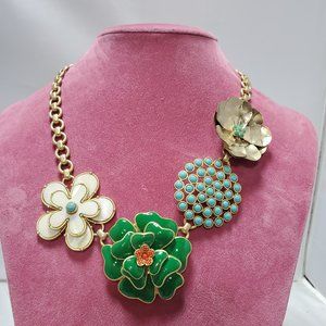 Stella & Dot gold chain necklace with green & ivory enamel and aqua ston…